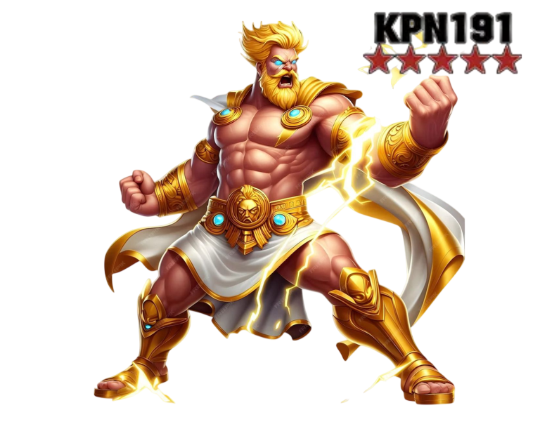 ตัวละครนักรบเทพเจ้าสีทองยืนท่าทางทรงพลัง พร้อมโลโก้ KPN191 โทนภาพสไตล์สล็อตแฟนตาซี